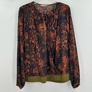 Cabi BorderWrap Black/Orange Snake Print Faux Wrap Tie Neck Top Size Medium